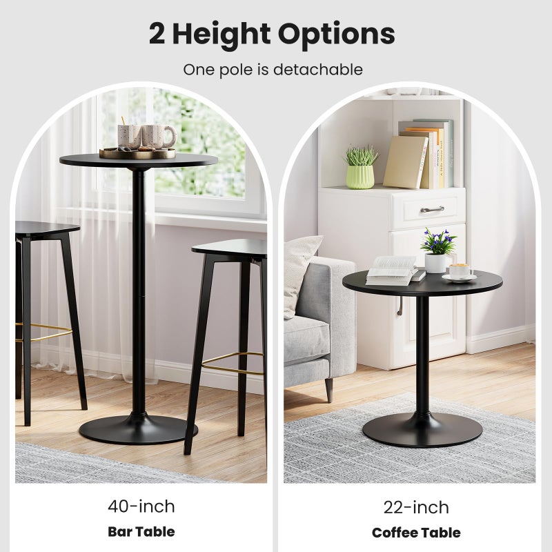 Giantex Two-in-one Bar Table with Detachable Pole, Metal Base, 24" Round Top, 40"/22" Two Convertible Height, Cocktail Table, Coffee Table, Pub Table for Dining Room, Restaurant, Kitchen (1, Black) - Image 1